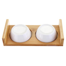 Load image into Gallery viewer, Ceramic Cat Bowls With Bamboo Frame - Single Or Double
