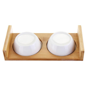 Ceramic Cat Bowls With Bamboo Frame - Single Or Double